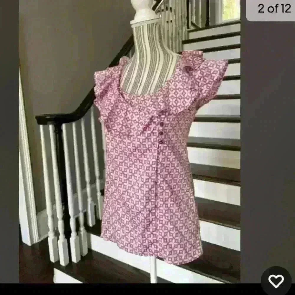 Banana Republic Pink White Top Blouse Short Sleeve, Size S Ruffle Collar Sleeve - Picture 3 of 6